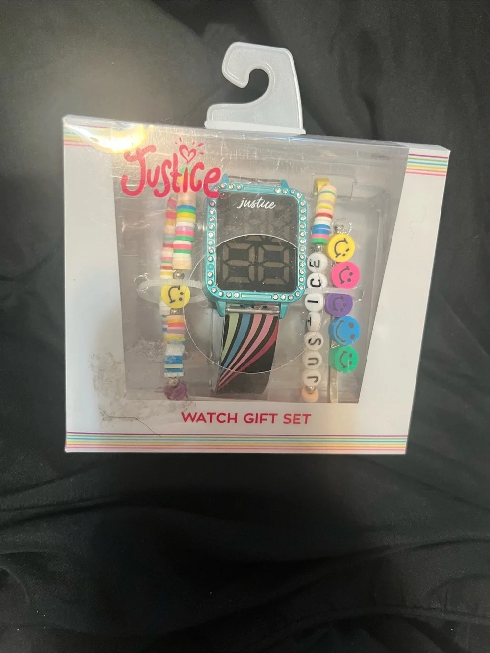 Justice Teal Rhinestone Digital Watch with Rainbow Beaded Bracelets